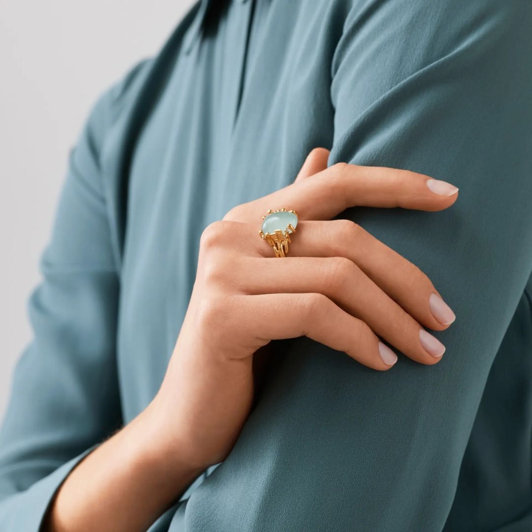 bague boho aigue marine bleue, diamants, or jaune, t 54