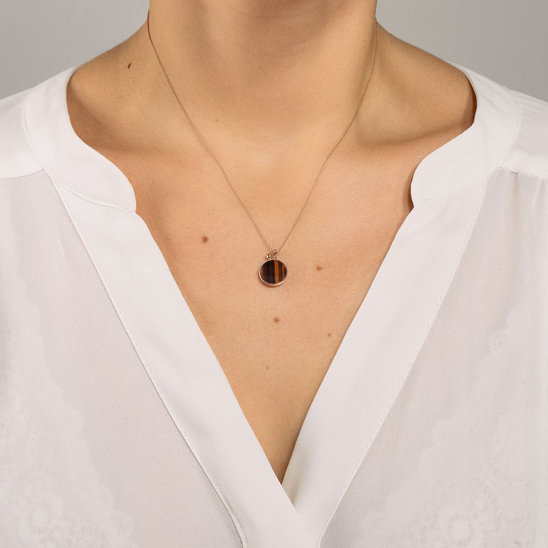 collier ever disc œil de tigre, or rose