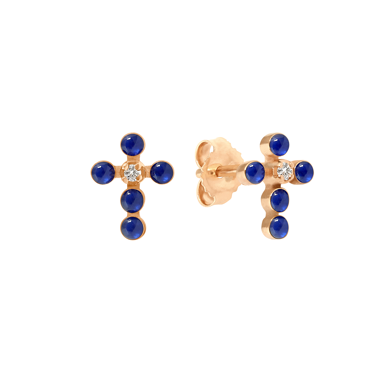 boucles d'oreilles bleu de prusse croix perlée, or rose, diamants