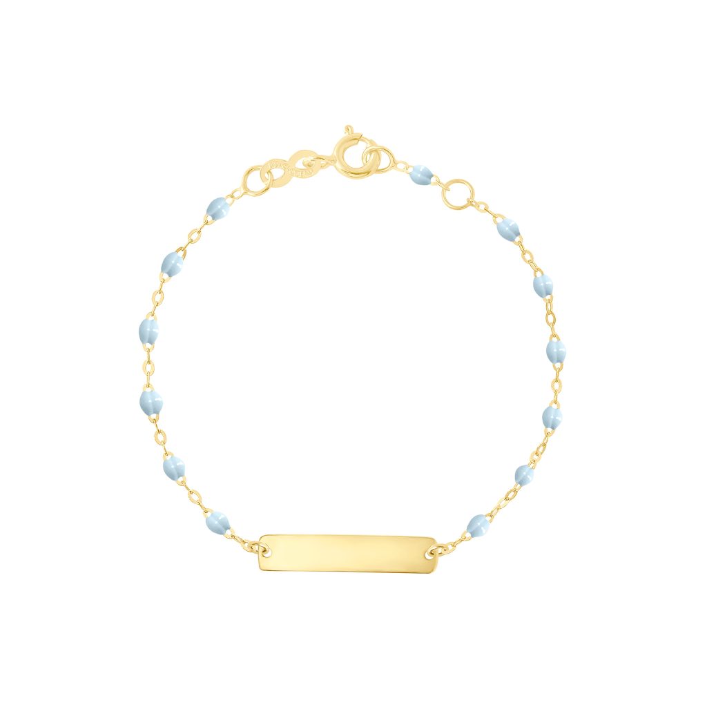 bracelet bleu layette little gigi, plaque rectangle, or jaune 13 cm