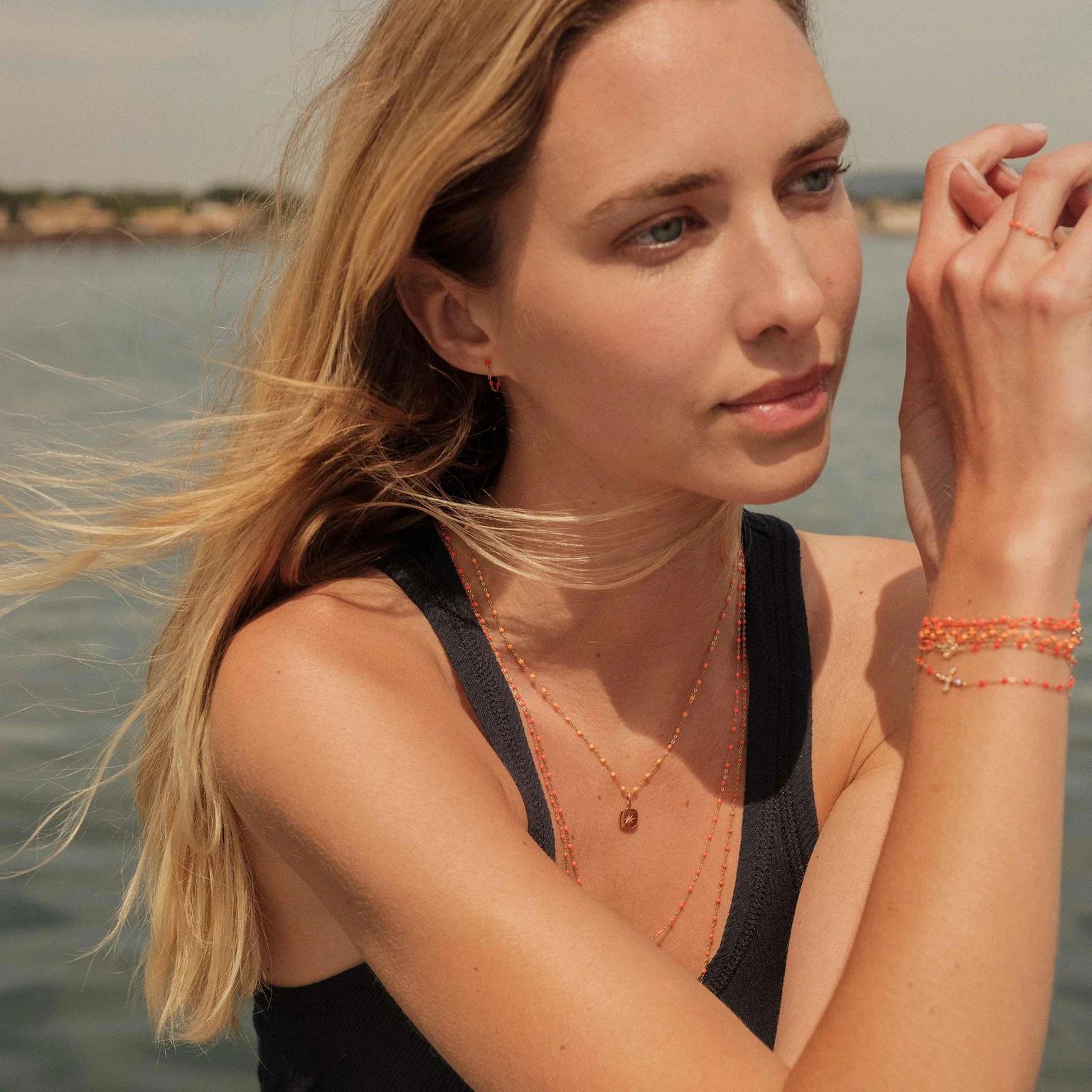 sautoir orange fluo classique gigi, or rose, 60 cm