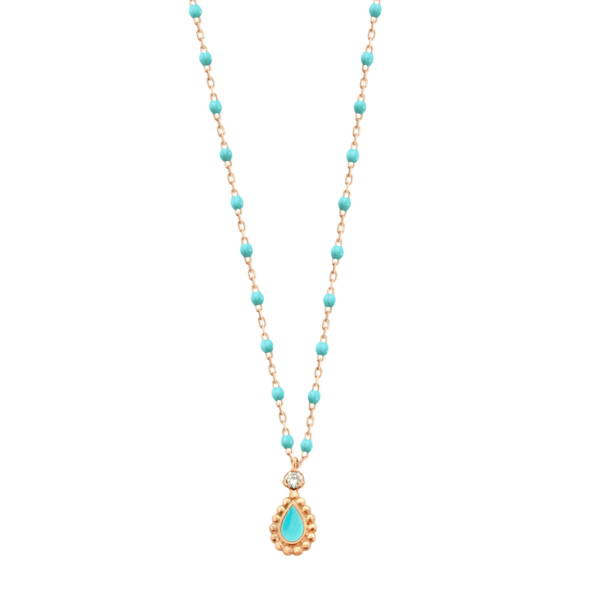 collier turquoise vert lucky cashmere, diamant, or rose, 42 cm