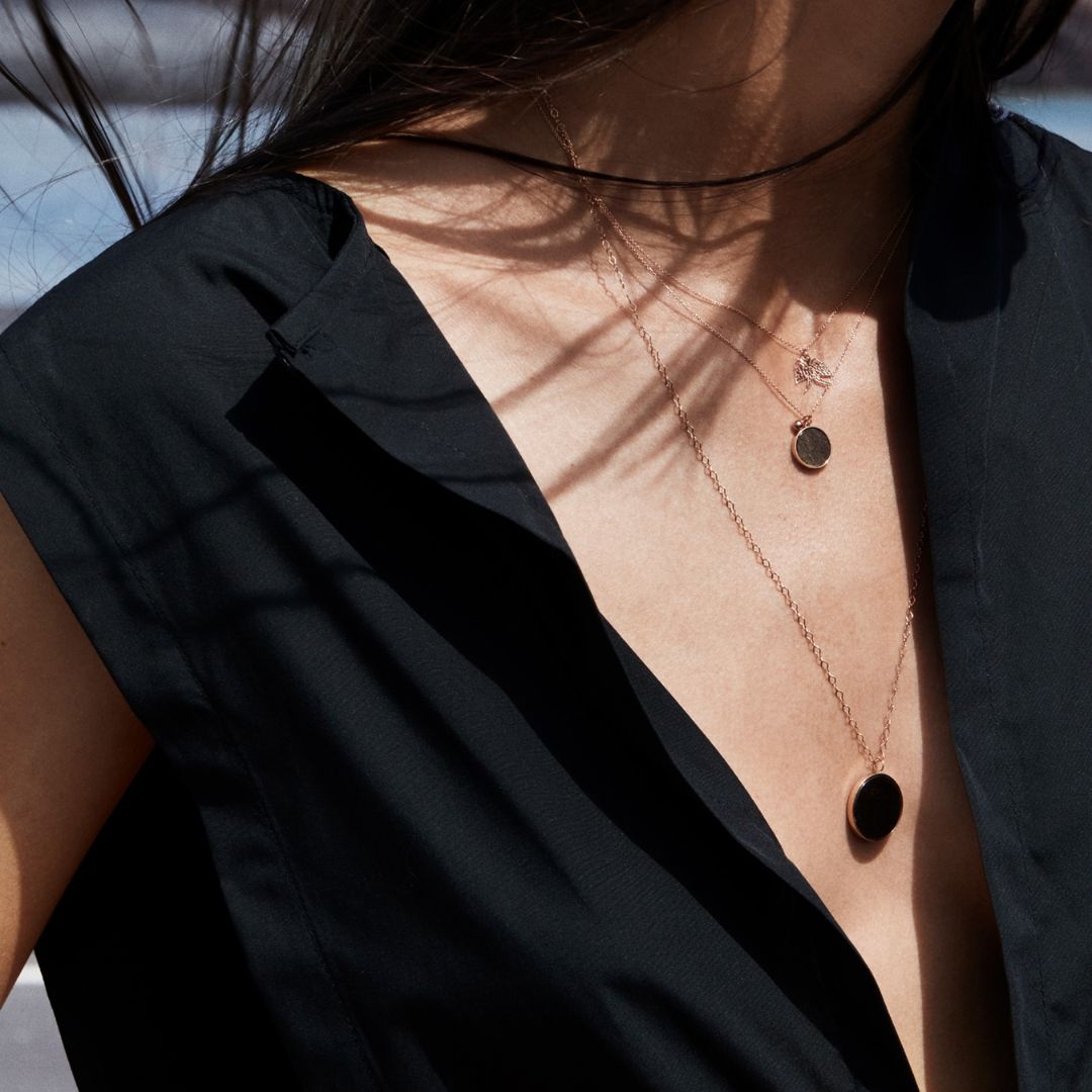 collier ever disc obsidienne dorée, or rose