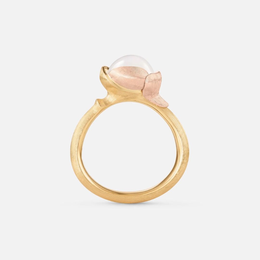 bague lotus pierre de lune blanche, or jaune et or rose, t 53