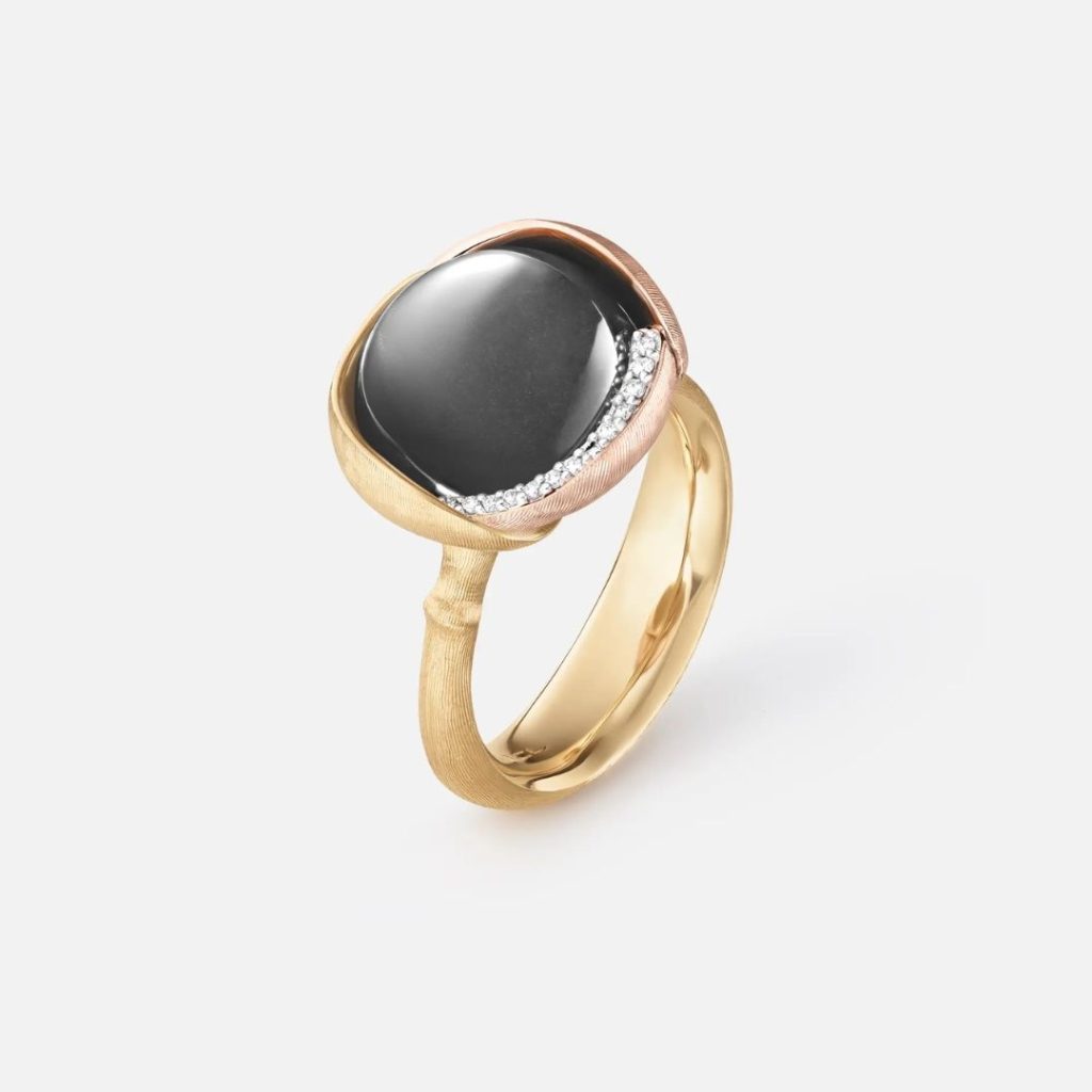 bague lotus 3 diamants, pierre de lune grise, or jaune et or rose, t 53