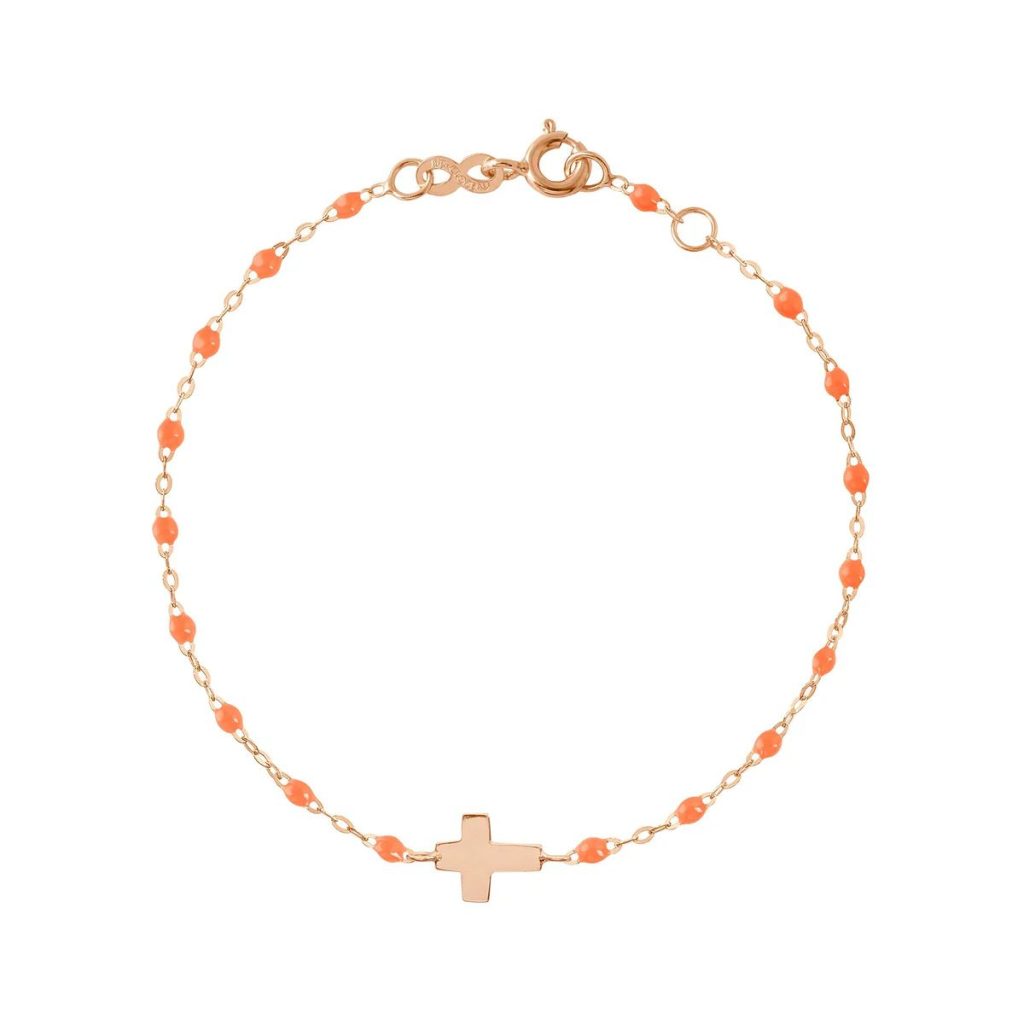 bracelet orange fluo croix, or rose, 17 cm