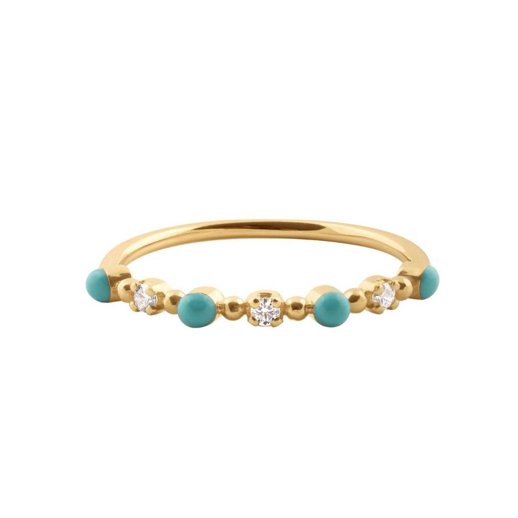 bague turquoise vert classique gigi, 3 diamants, or jaune, t 52