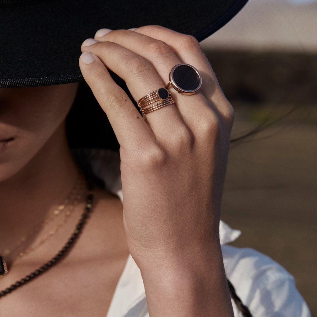 bague disc ring onyx noir, or rose, t 58