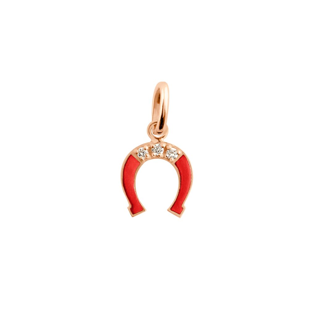 pendentif coquelicot fer à cheval, diamants, or rose