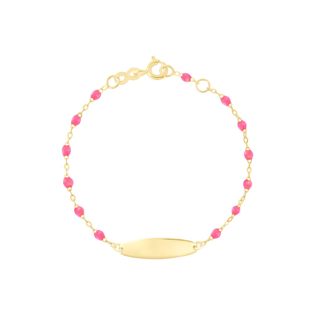 bracelet rose fluo little gigi, plaque ovale, or jaune, 13 cm