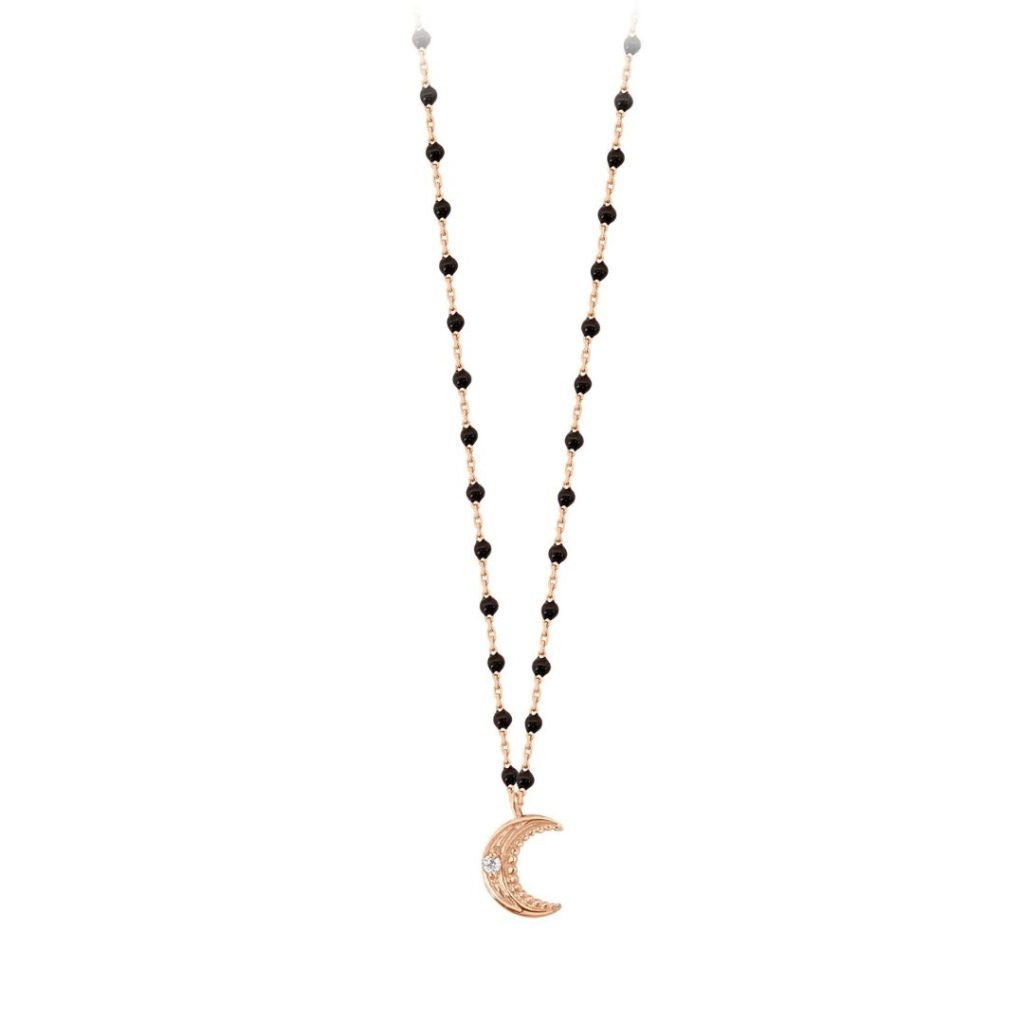 collier noir lune, diamant, or rose, 42 cm