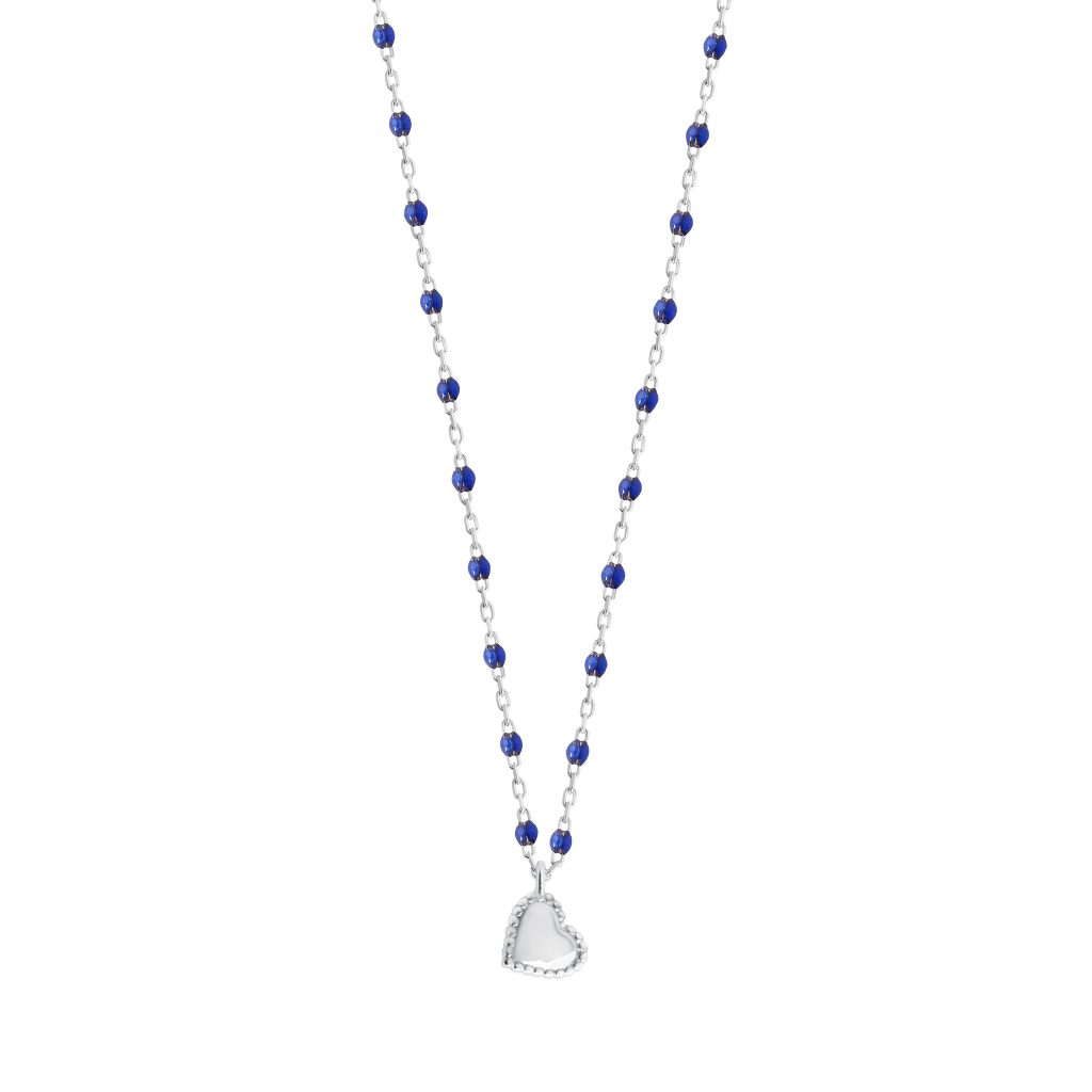 collier bleu de prusse lucky coeur, or blanc, 40 cm