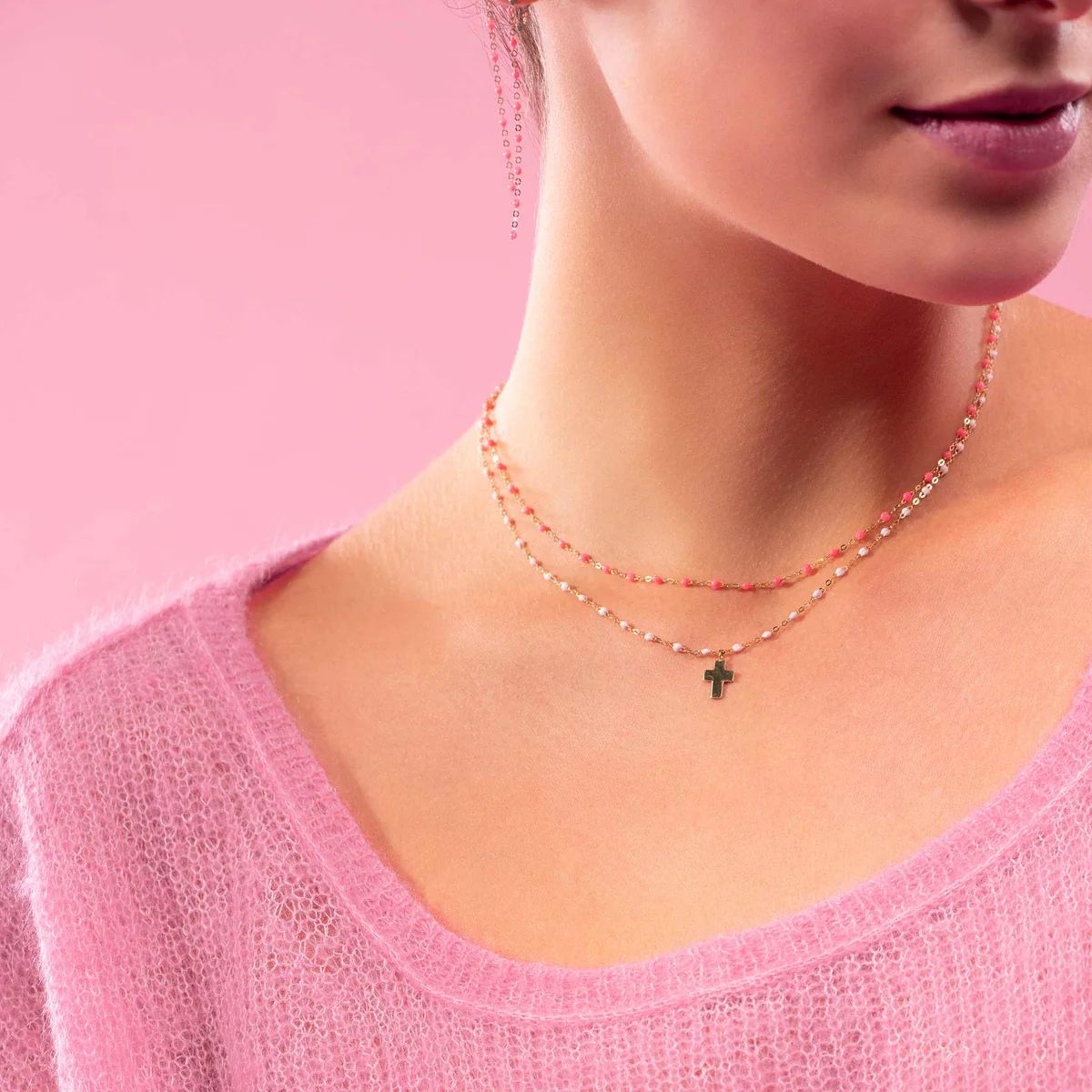 collier rose fluo classique gigi, or jaune, 42 cm