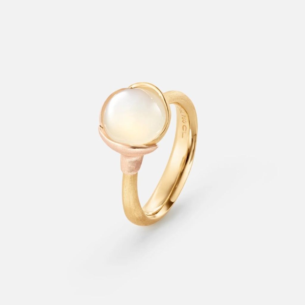 bague lotus pierre de lune blanche, or jaune et or rose, t 53