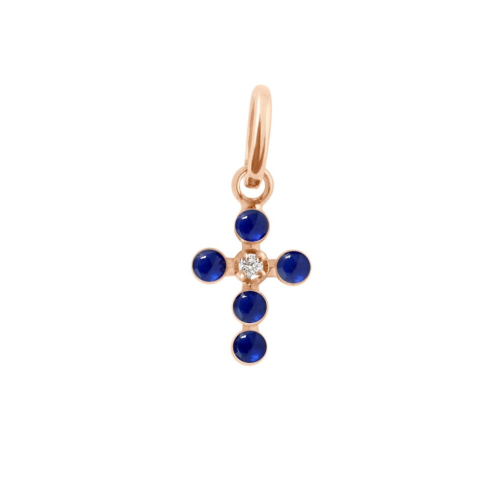 pendentif bleu de prusse croix perlée, diamant, or rose