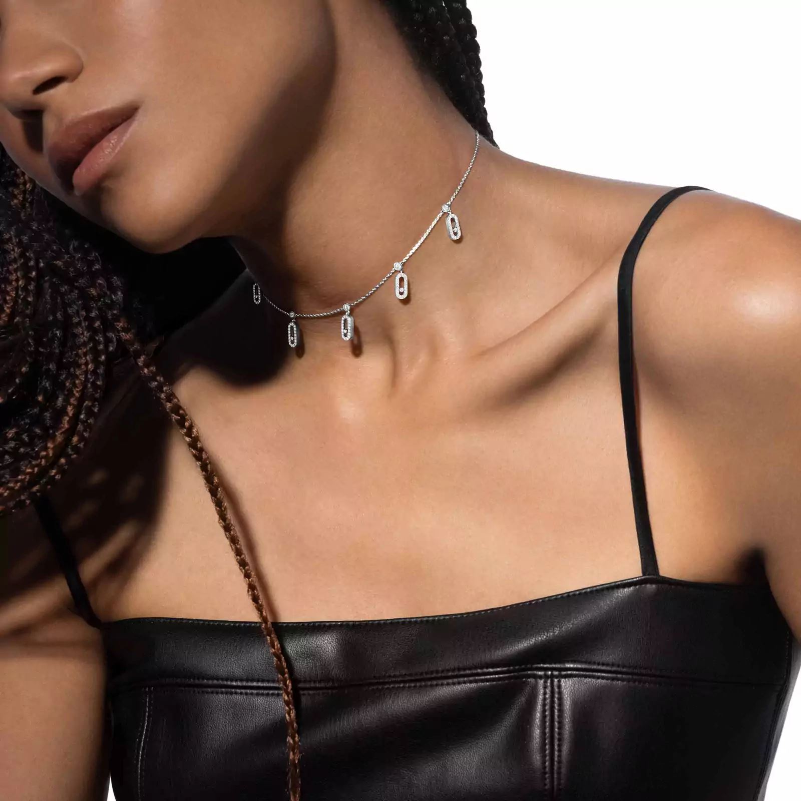 collier choker move uno pampille pavé, or blanc
