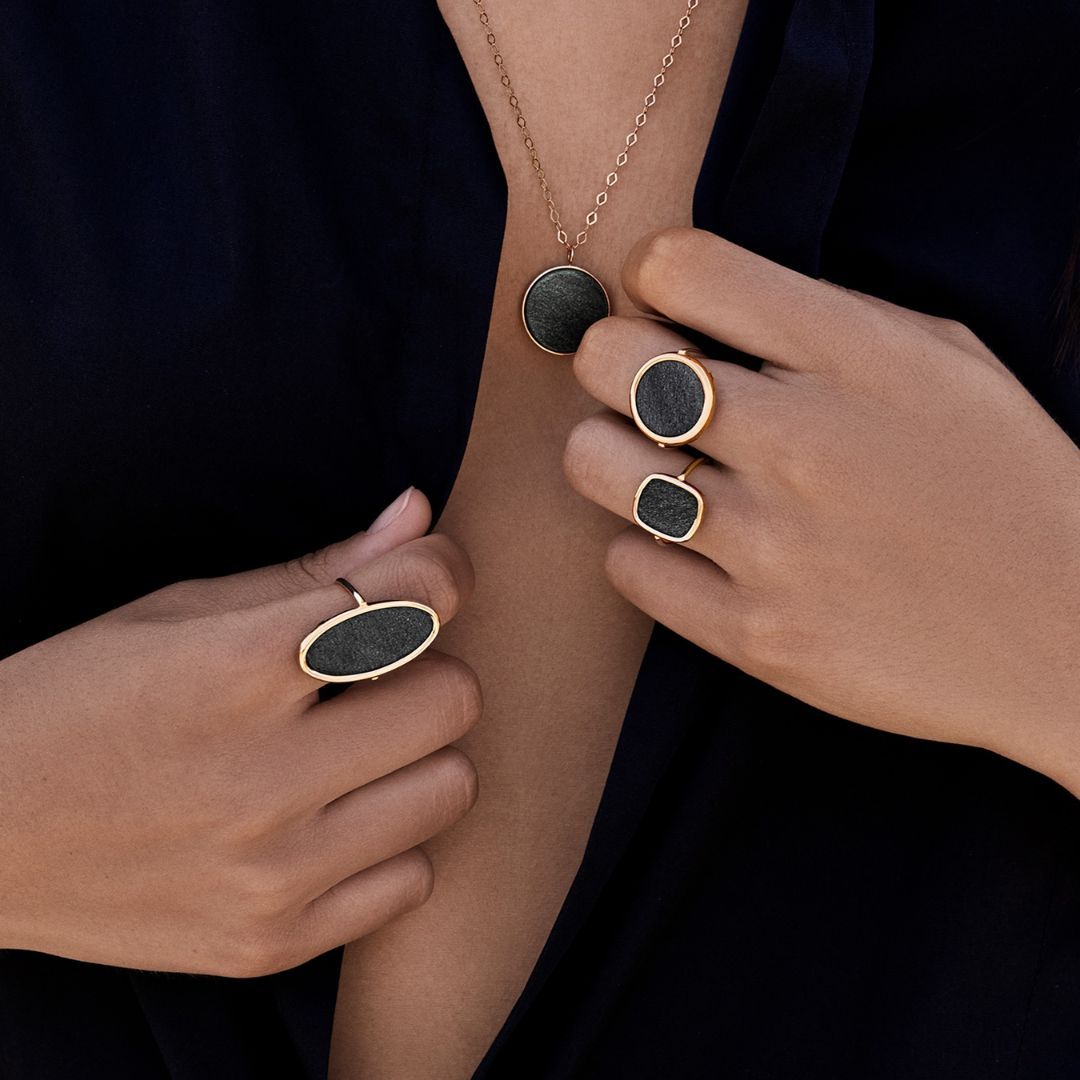 bague disc ring, obsidienne dorée, or rose, t 54