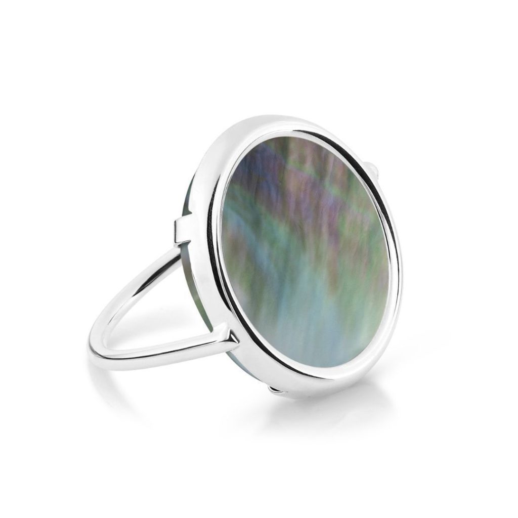 bague disc ring nacre noire, or blanc, t 54