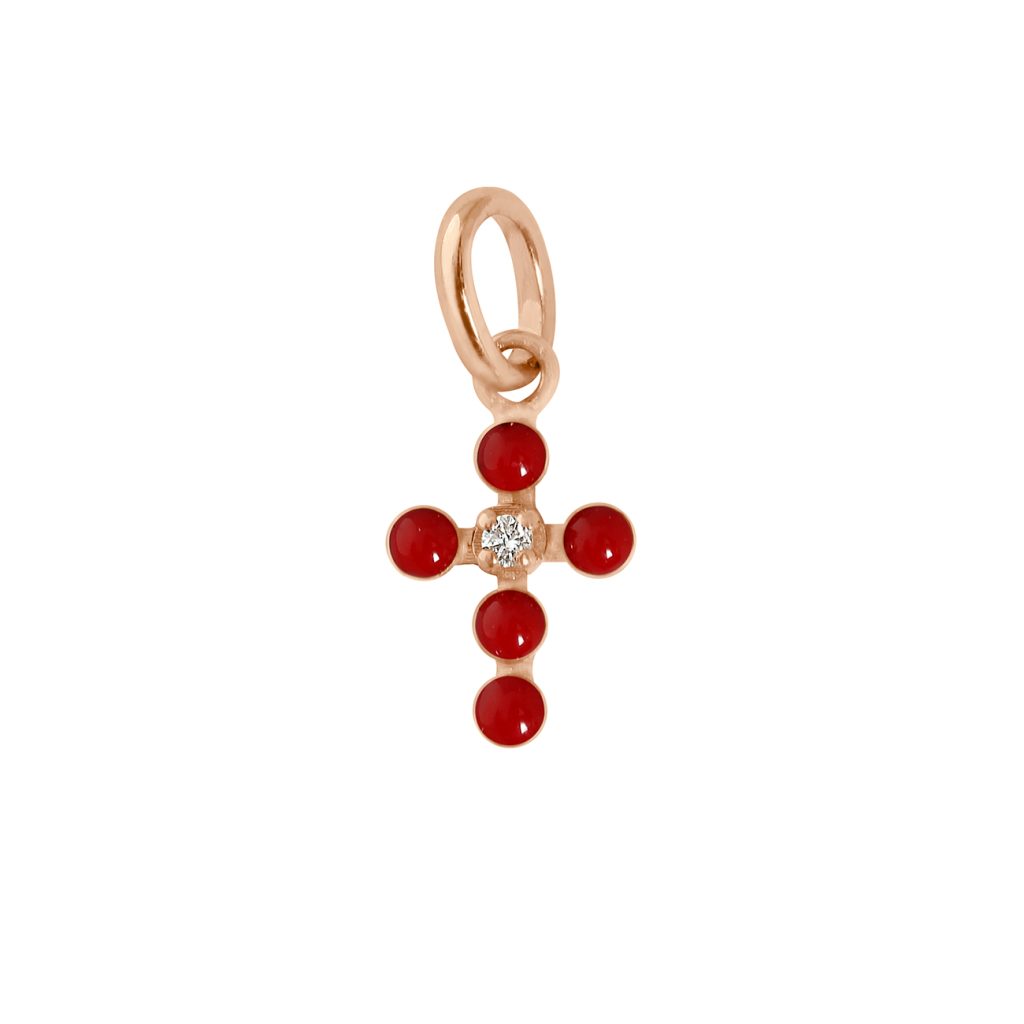 pendentif rouge rubis croix perlée, diamant, or rose
