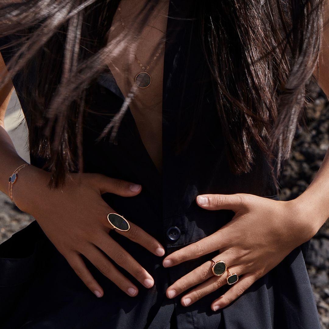 bague ellipse obsidienne dorée, or rose, t 56