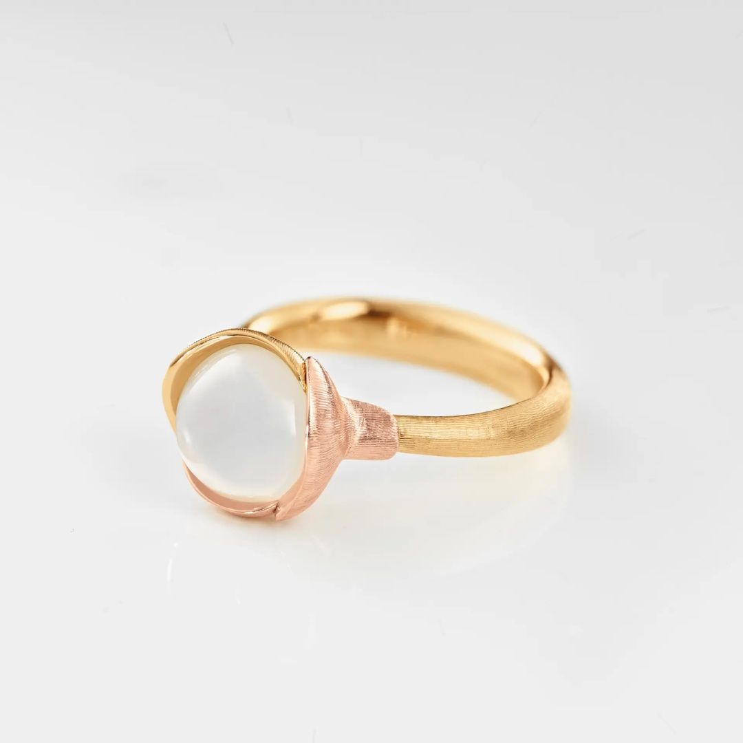 bague lotus pierre de lune blanche, or jaune et or rose, t 53