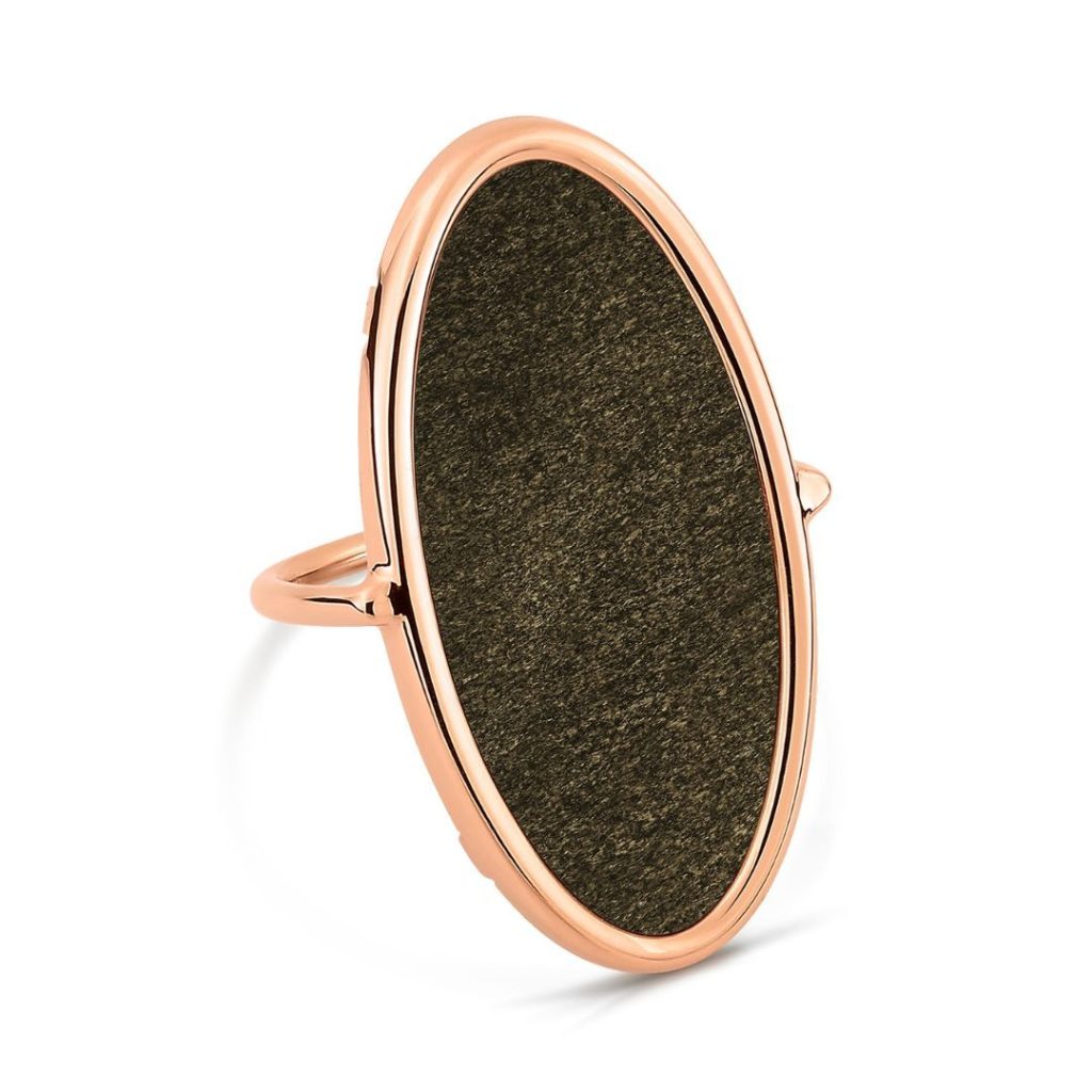 bague ellipse obsidienne dorée, or rose, t 56