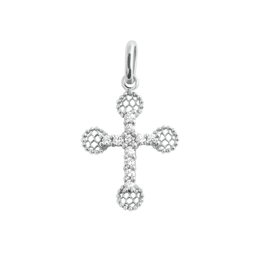 pendentif petite croix dentelle, diamants, or blanc