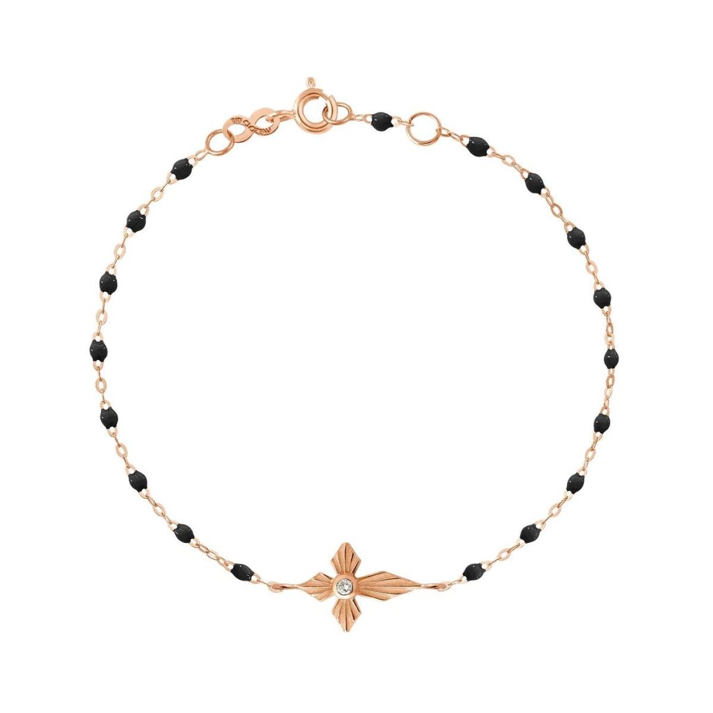 bracelet noir croix lumière, diamant, or rose, 17 cm