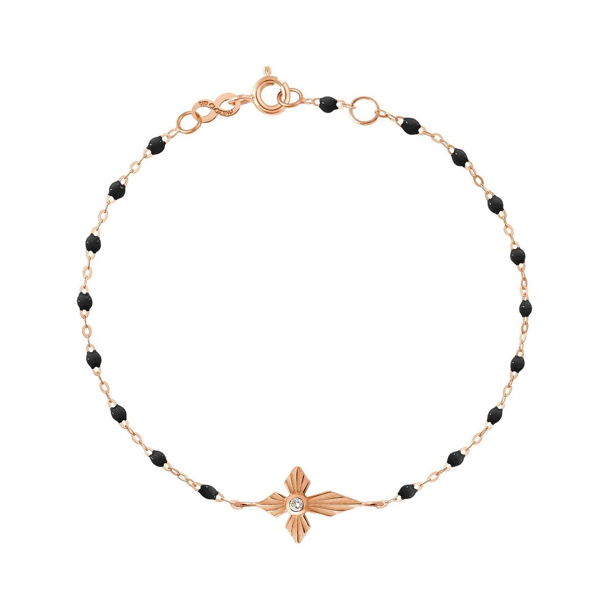 bracelet noir croix lumière, diamant, or rose, 17 cm