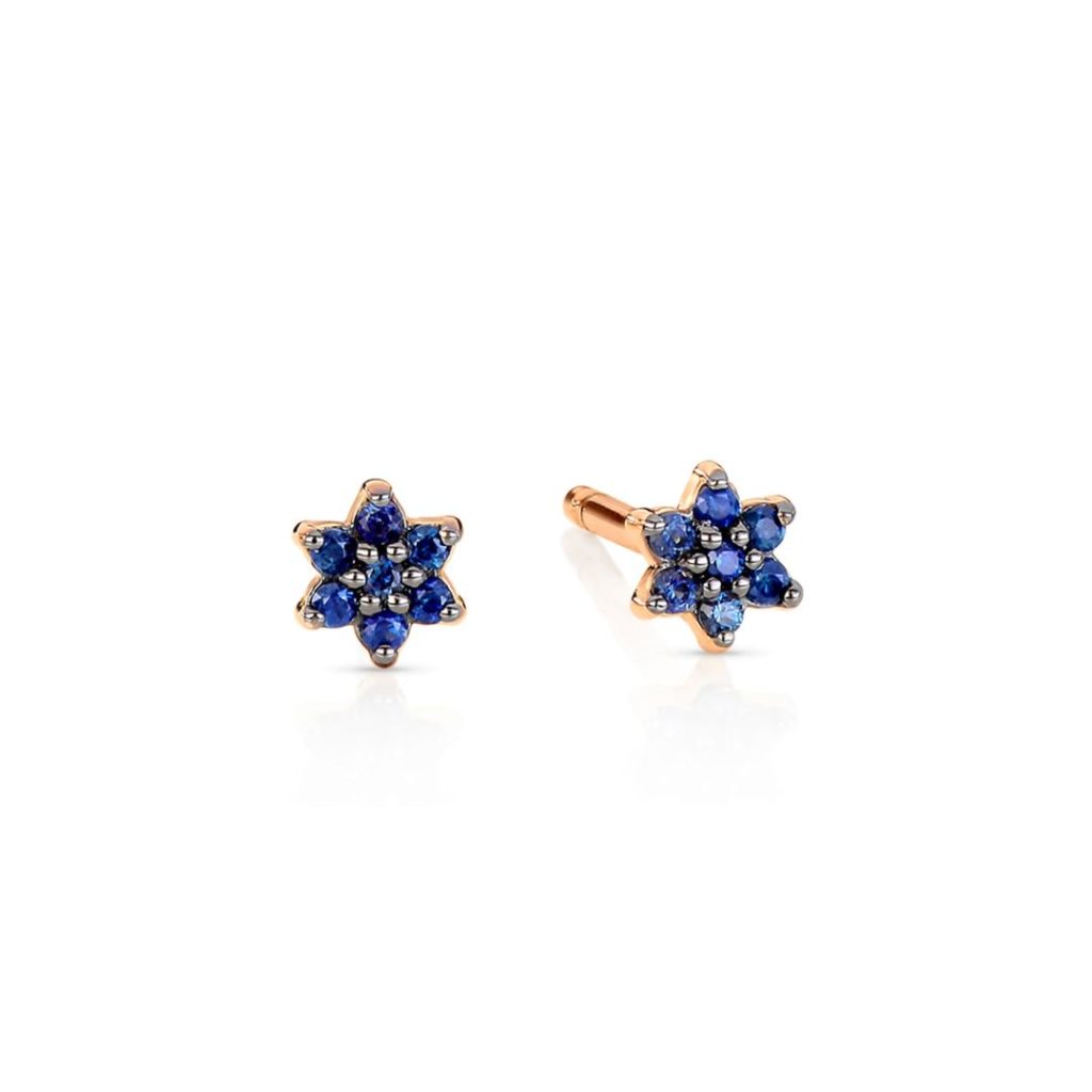 puces d'oreilles star saphirs bleus, or rose