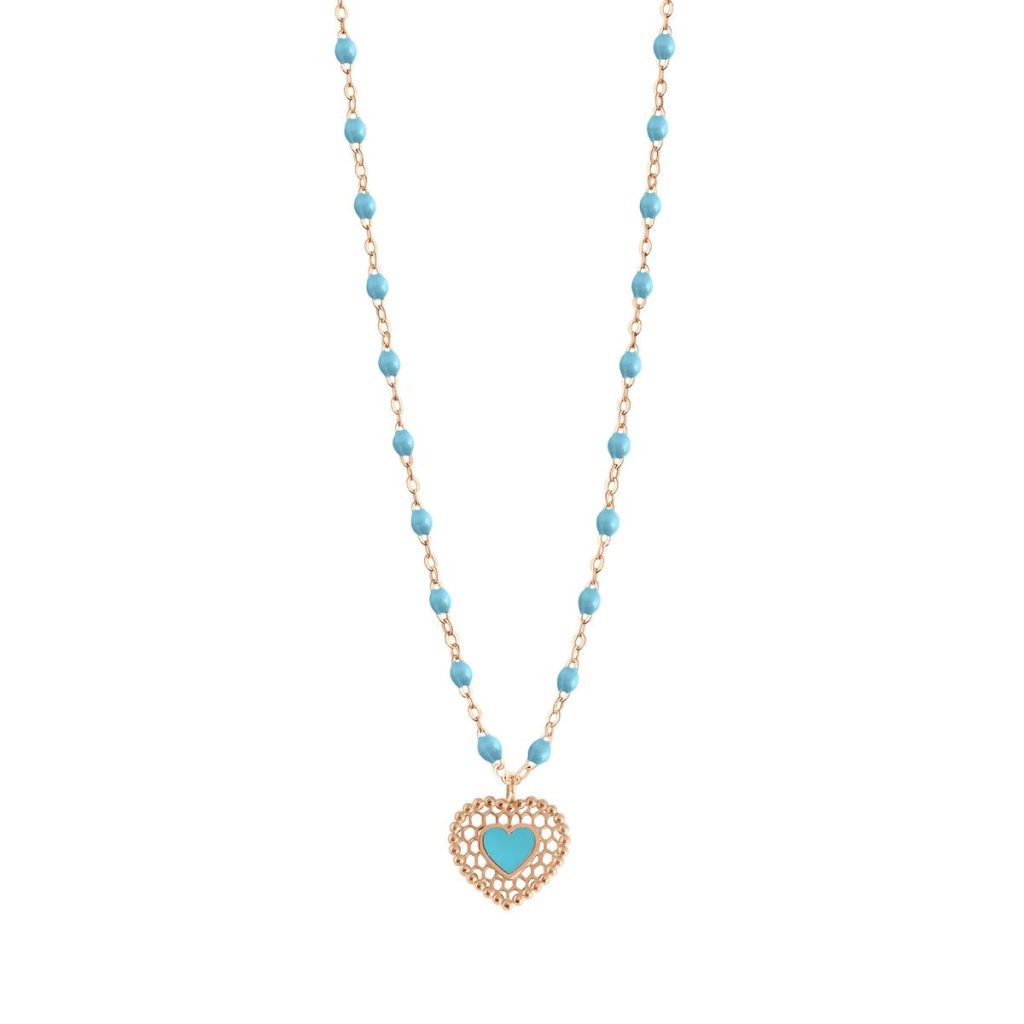 collier turquoise cœur dentelle, or gris, 42 cm
