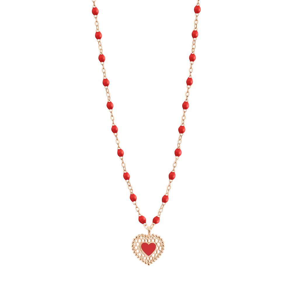 collier coquelicot cœur dentelle, or rose, 42 cm