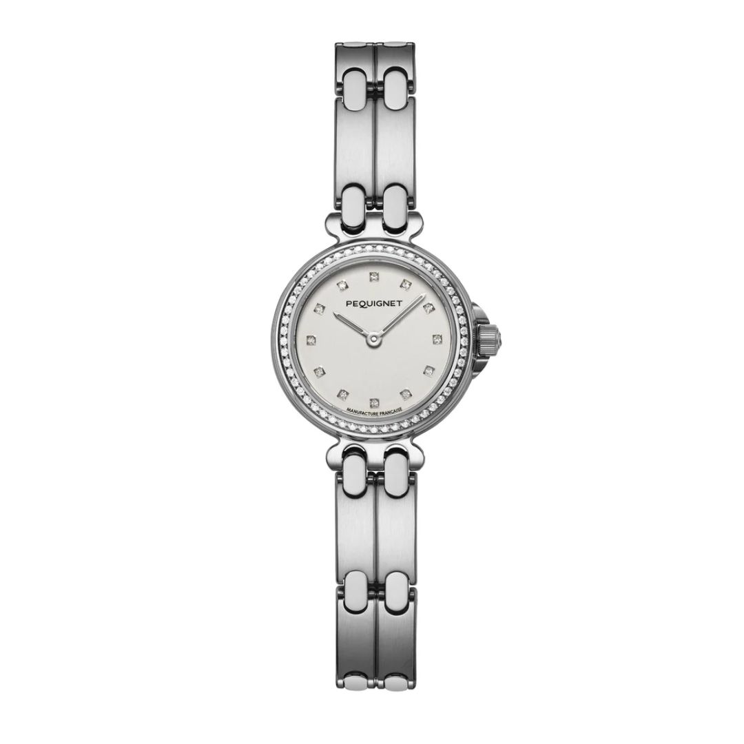 montre mooréa, cadran blanc index et lunette sertie, bracelet acier