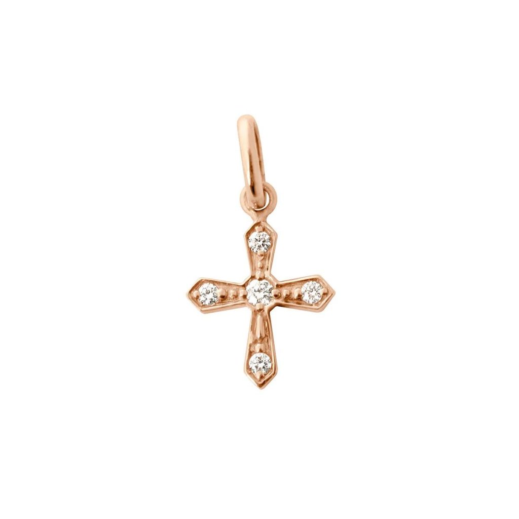 pendentif croix vintage, diamants, or rose