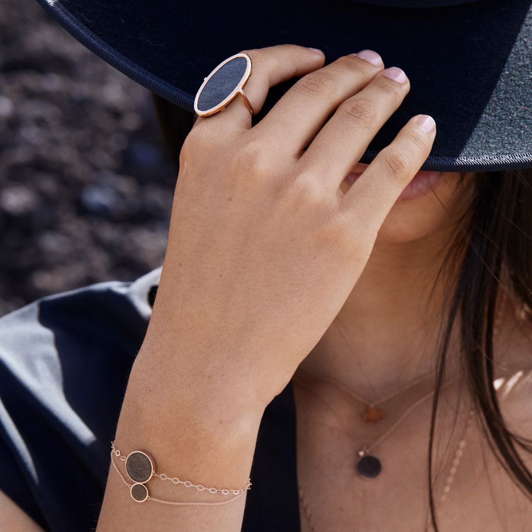 bague ellipse obsidienne dorée, or rose, t 56