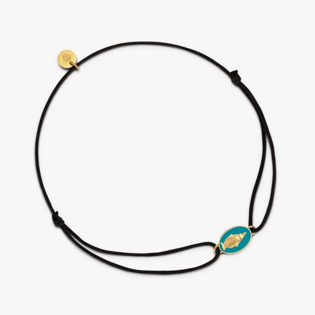 bracelet médaille cordon miraculeuse, bleu aqua, or jaune