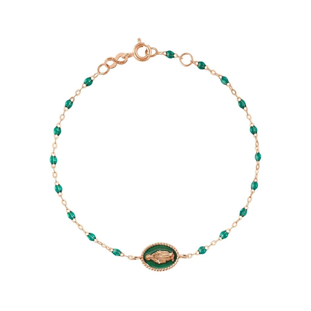 bracelet madone résine émeraude, or rose, 17 cm