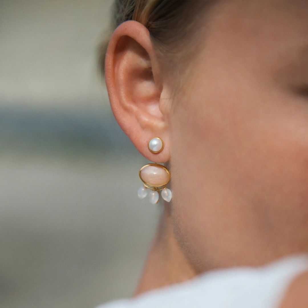 puces d'oreilles lotus perle blanche, or jaune