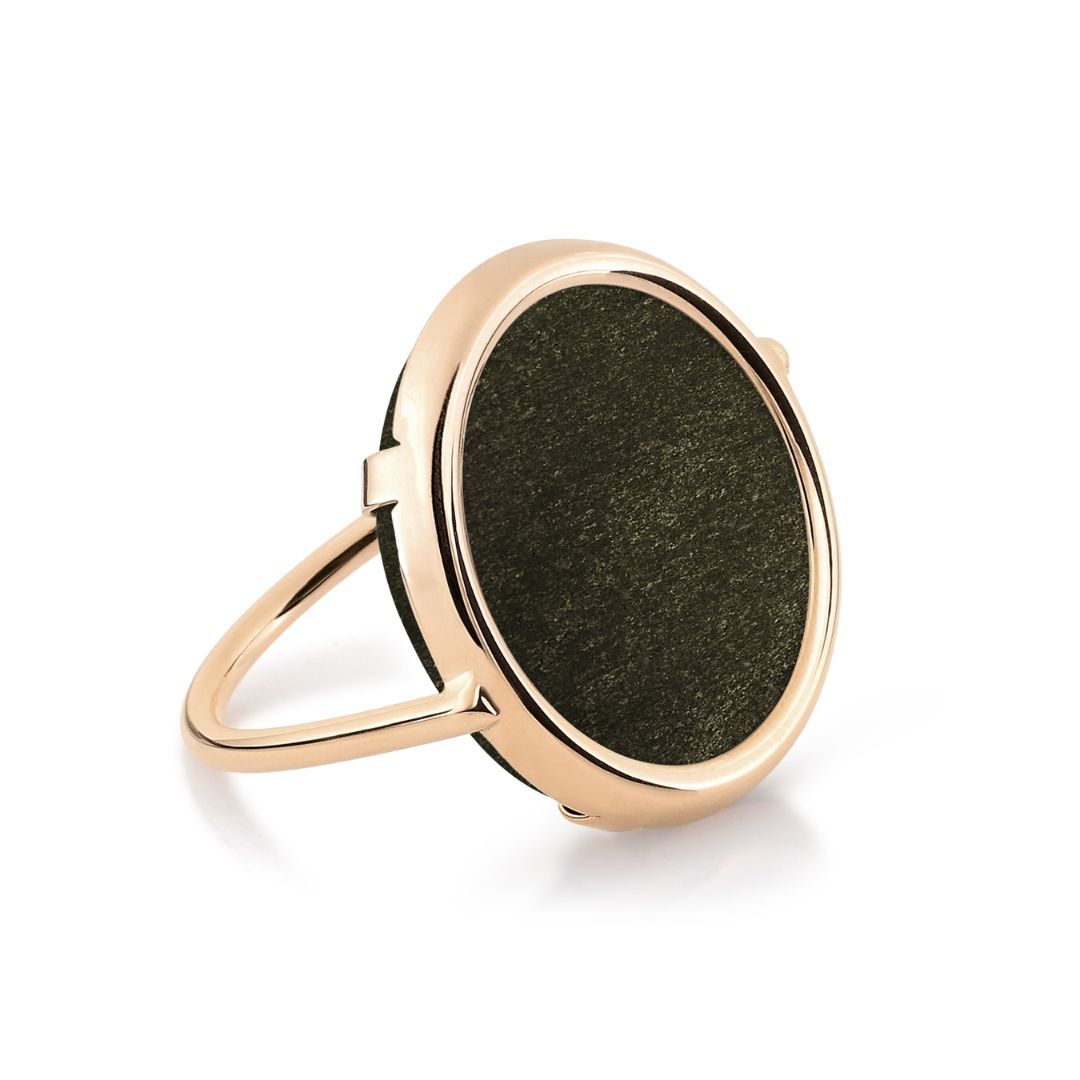 bague disc ring, obsidienne dorée, or rose, t 54