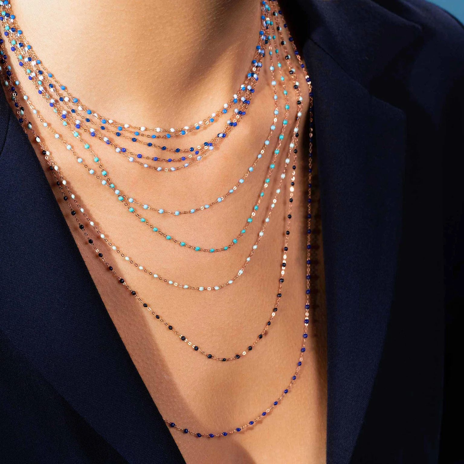 sautoir bleu de prusse classique gigi, or rose, 86 cm