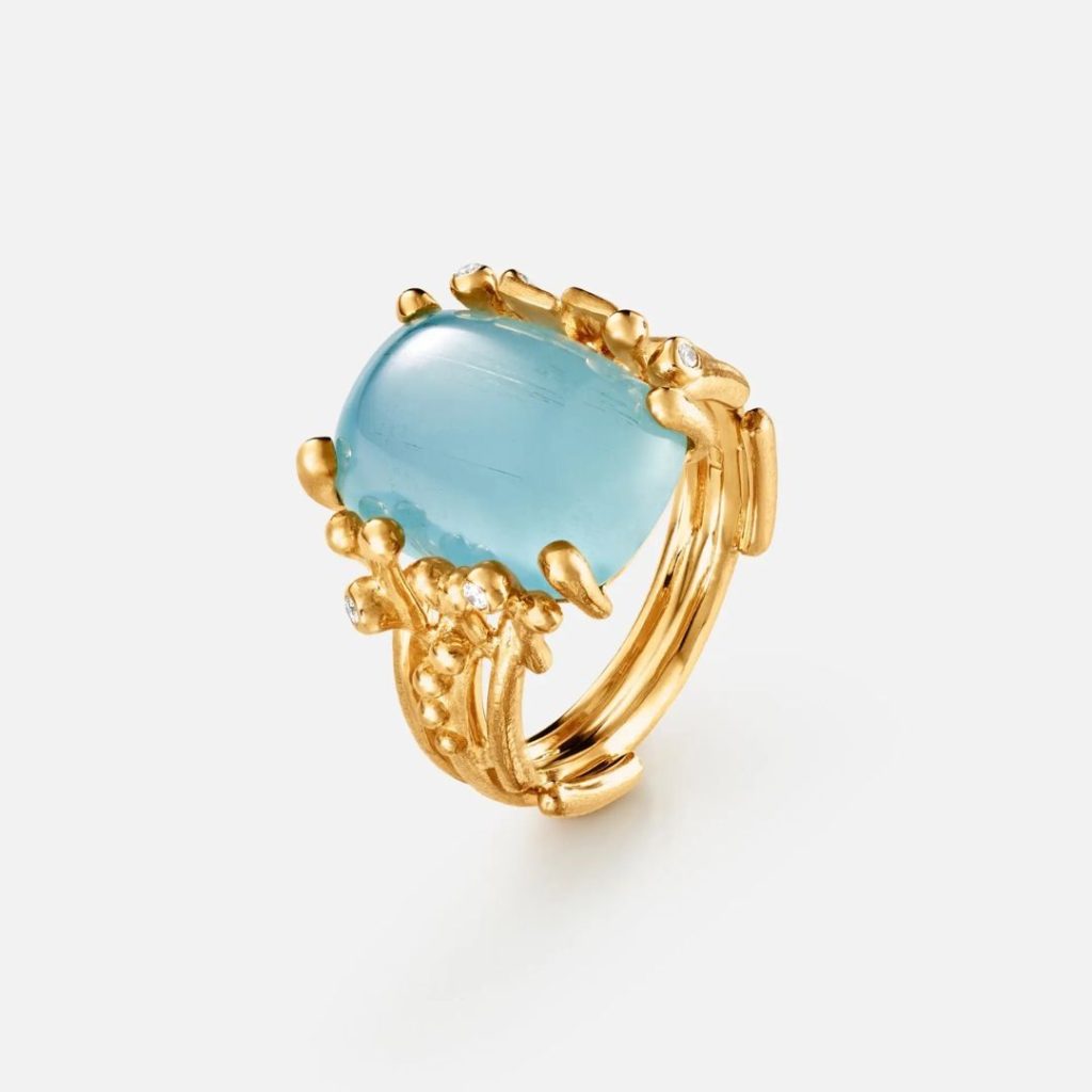 bague boho aigue marine bleue, diamants, or jaune, t 54