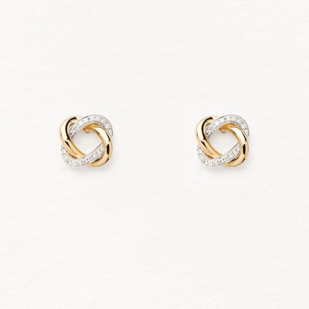puces d'oreilles tresse, diamants, or jaune et or blanc