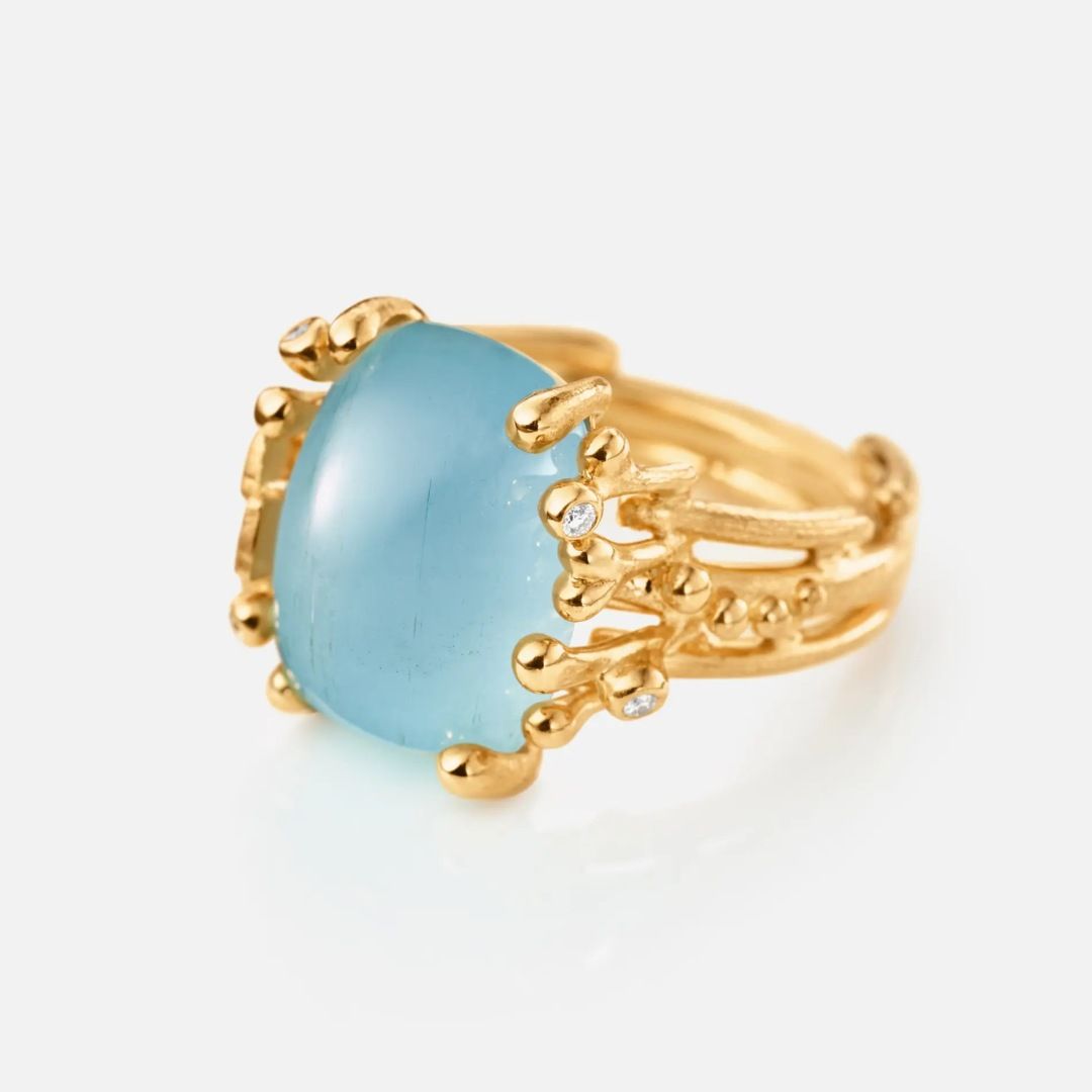 bague boho aigue marine bleue, diamants, or jaune, t 54