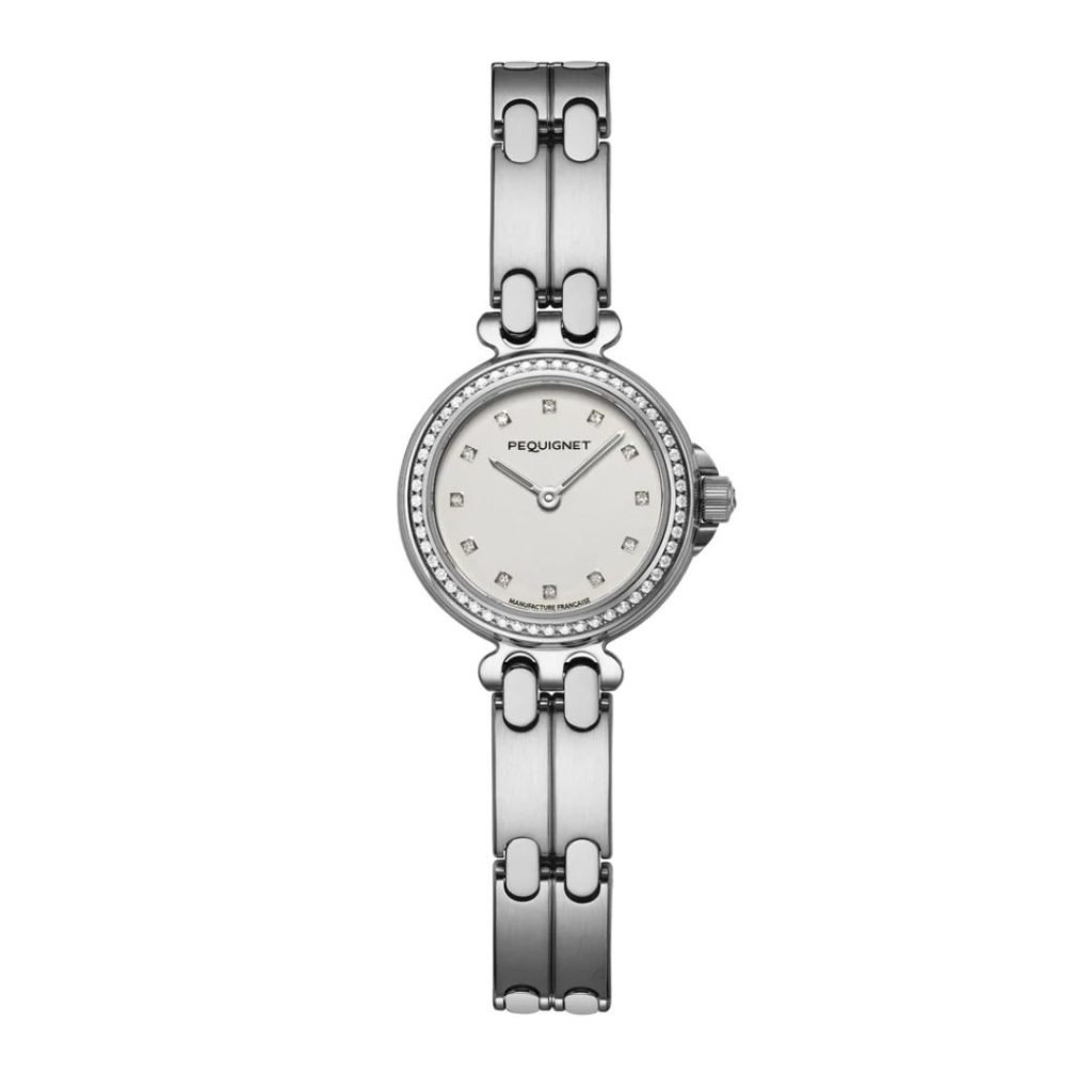 montre mooréa, cadran blanc index et lunette sertie, bracelet acier