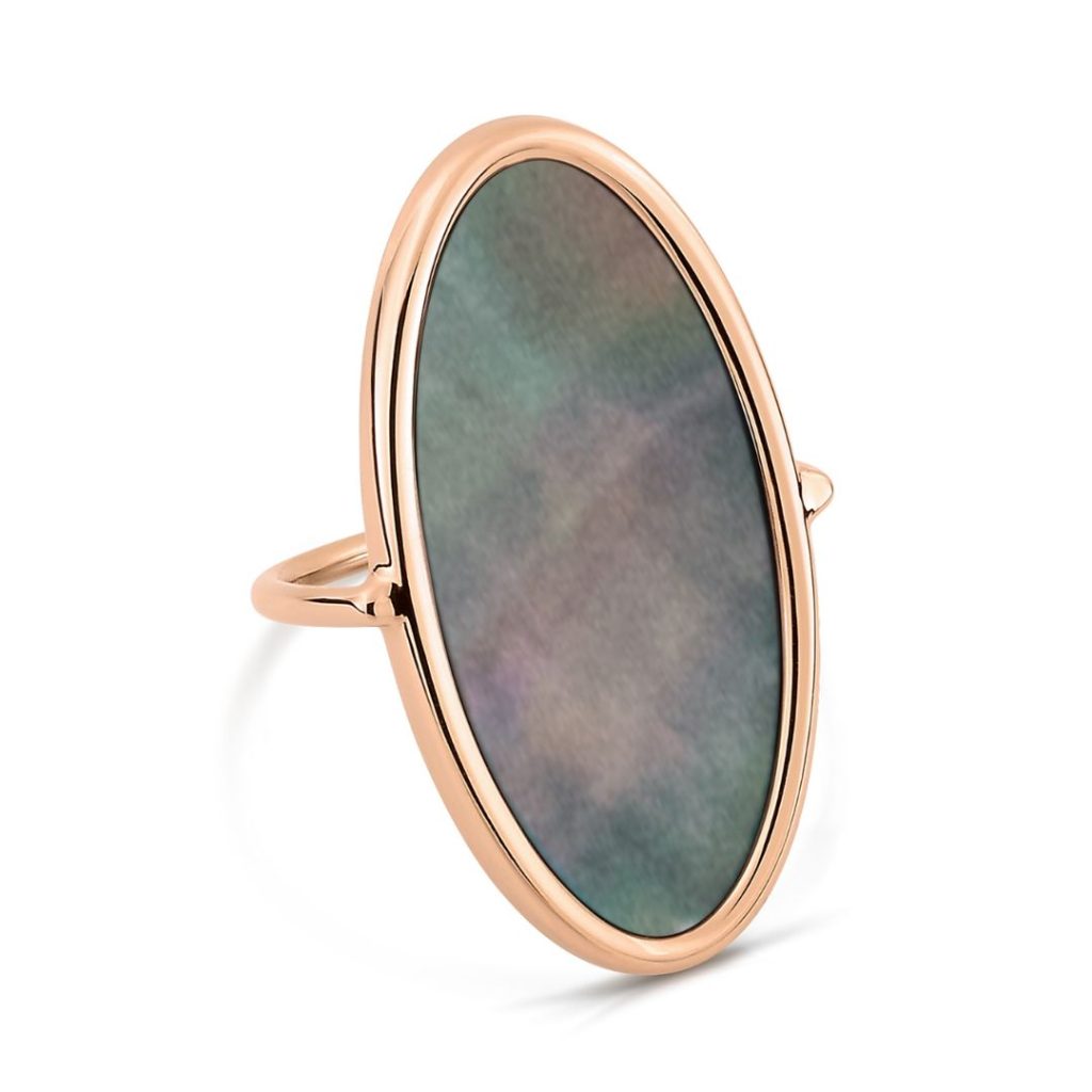 bague ellipse nacre noire, or rose, t 55