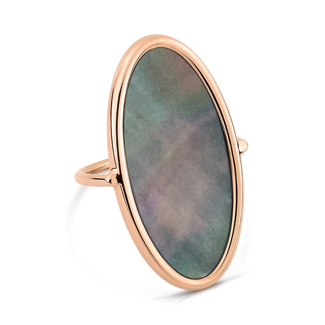 bague ellipse nacre noire, or rose, t 55