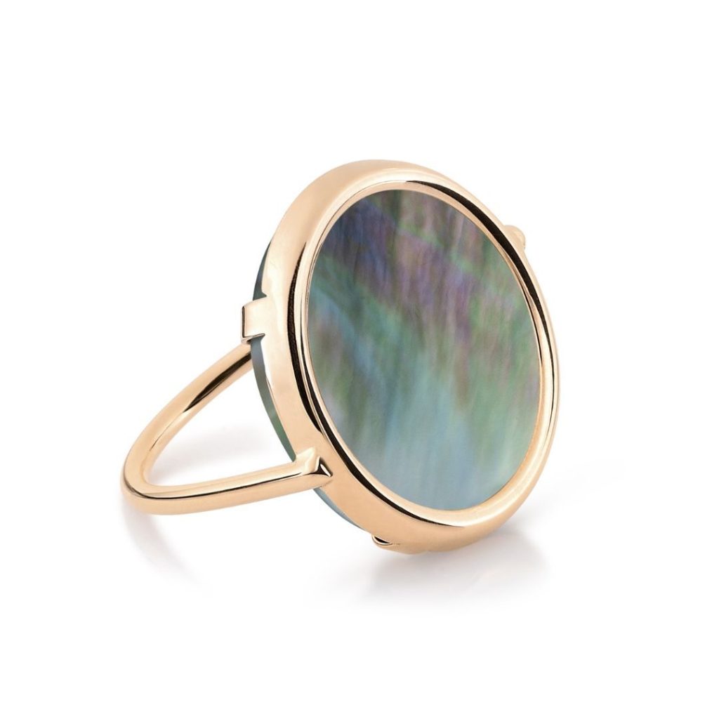 bague disc ring nacre noire, or rose, t 55