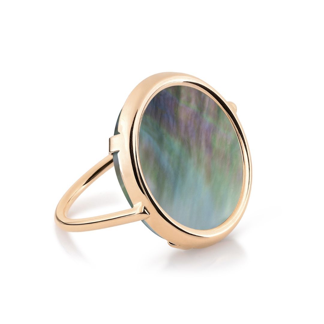 bague disc ring nacre noire, or rose, t 55