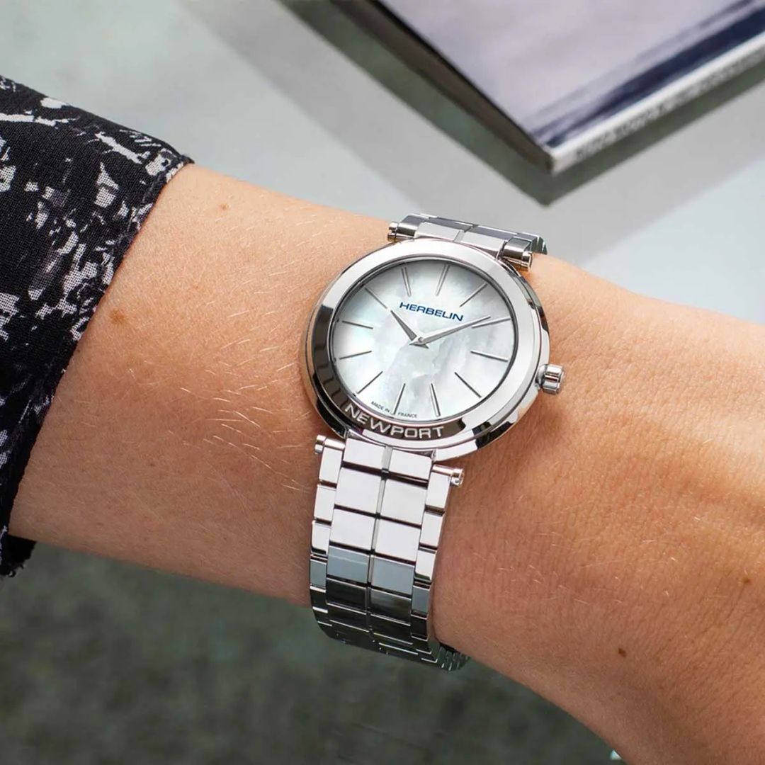 montre newport slim, acier & nacre blanche