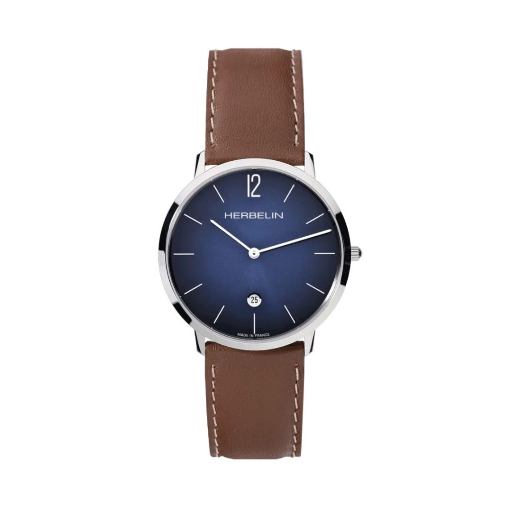 montre city, bleu & cuir brun
